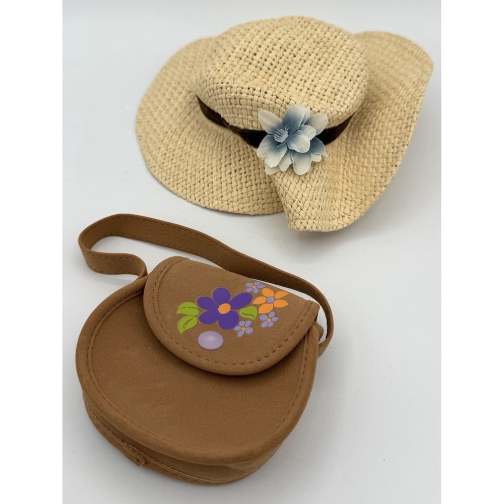 American Girl Julie Albright Straw Hat w/ Flowers & Meet Flower Tan Purse Lot